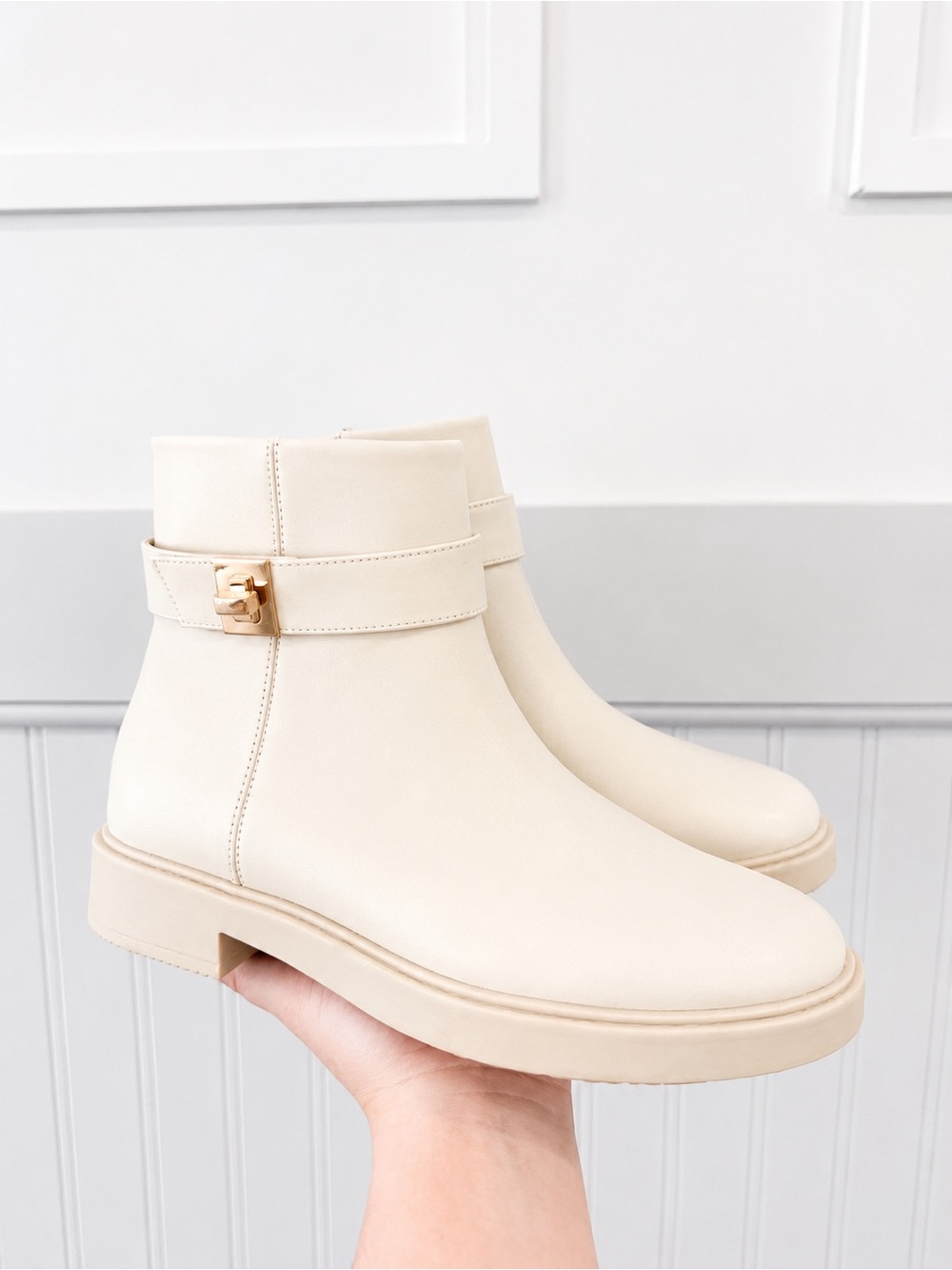 LC Lauren Conrad Cream Ankle Boots with Gold Buckle